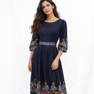 Linen Gallery Navy Blue Embroidered Midi Dress
